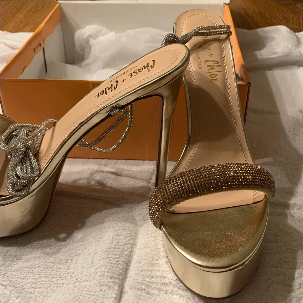 Chase & Chloe Gold Rhinestone Platform Ankle-Tie High Heel Sandal Sz 8 & 8.5 NEW - Picture 2 of 9